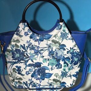 Blue and White Saffiano Leather Floral Crossbody Bag. 15” x 10” x 6” EUC